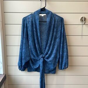 Lovestitch Tie Front Chiffon Top - Snakeskin Blue - Size Small